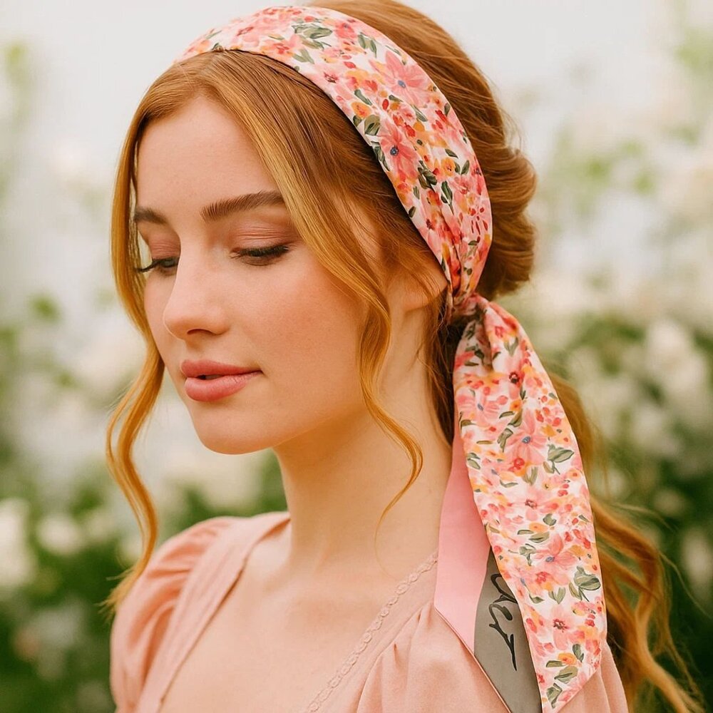 Slim Scarf Pink Floral 34in Satin Two Sided Coquette Cottagecore No60